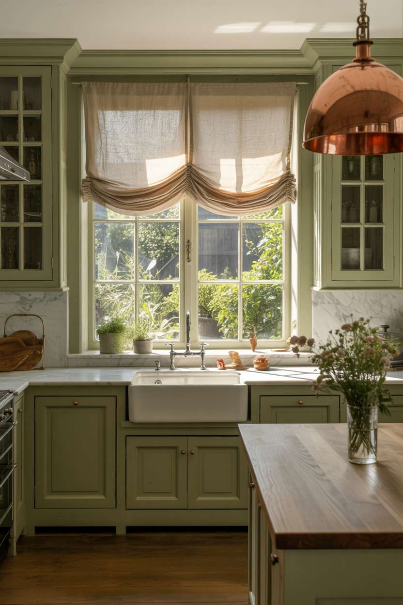 31 Timeless Rustic Kitchen Design Ideas for Cozy Charm 30 Elegant rustic green kitchen with sage green cabinetry, farmhouse sink, and linen window treatments