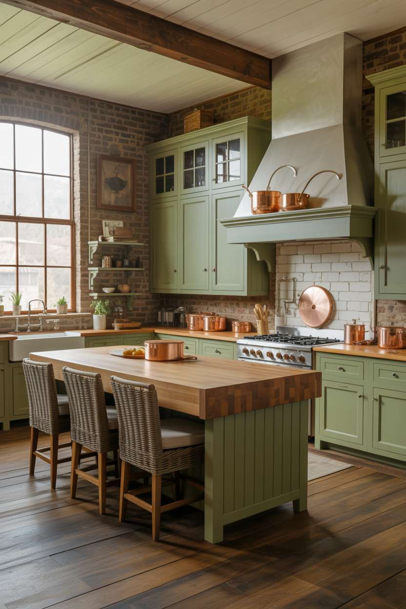 31 Timeless Rustic Kitchen Design Ideas for Cozy Charm 31 Elegant green rustic kitchen with sage green cabinetry, white porcelain farmhouse sink, and copper pot display
