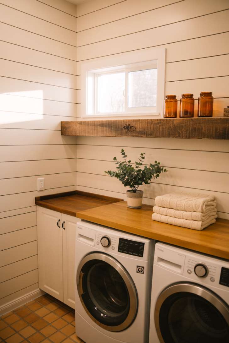 13 Gorgeous Rustic Laundry Room Ideas That Feel Like Home 1 White shiplap laundry room walls with reclaimed wood shelf and butcher block countertop