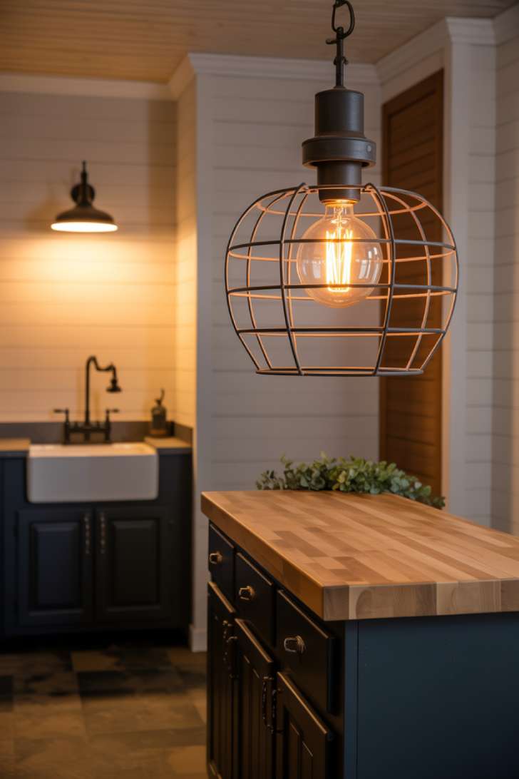 13 Gorgeous Rustic Laundry Room Ideas That Feel Like Home 10 Matte black caged pendant light and barn-style wall sconce in a cozy rustic farmhouse laundry room