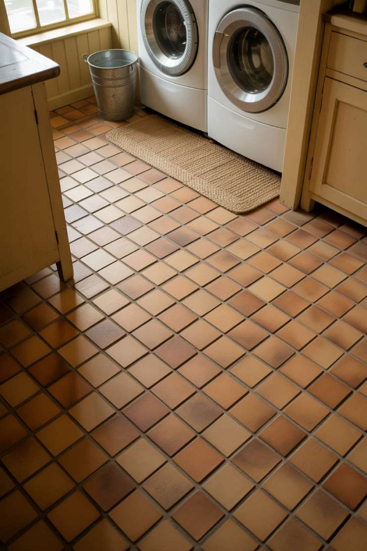 13 Gorgeous Rustic Laundry Room Ideas That Feel Like Home 11 Terracotta floor tiles with braided jute runner in a warm rustic farmhouse laundry room
