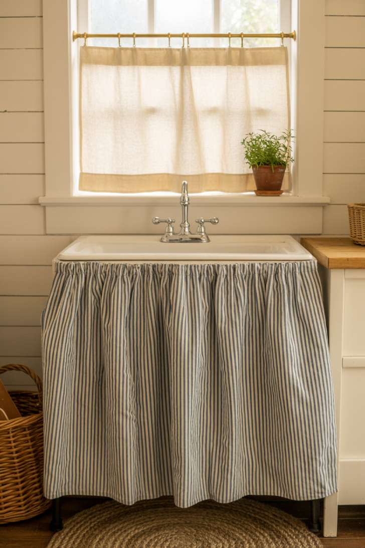 13 Gorgeous Rustic Laundry Room Ideas That Feel Like Home 12 Ticking stripe fabric sink skirt and linen cafe curtain in a cozy rustic farmhouse laundry room