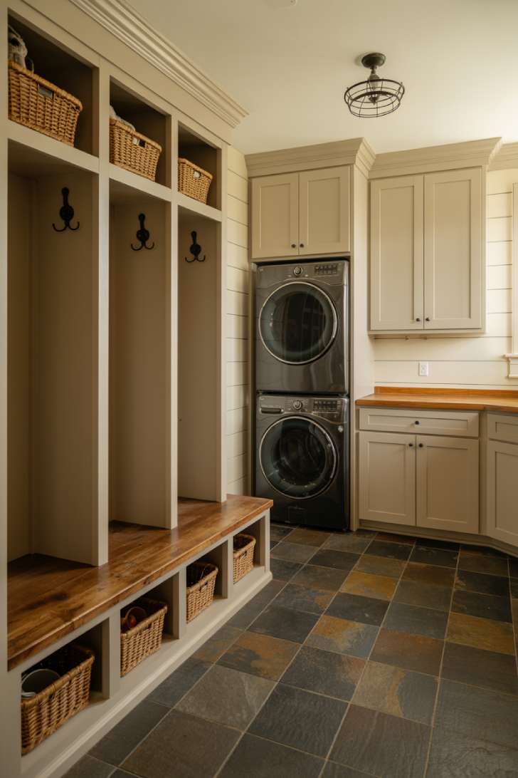 13 Gorgeous Rustic Laundry Room Ideas That Feel Like Home 13 Built-in wooden mudroom cubbies with black iron hooks and slate tile floor combined with a rustic laundry room