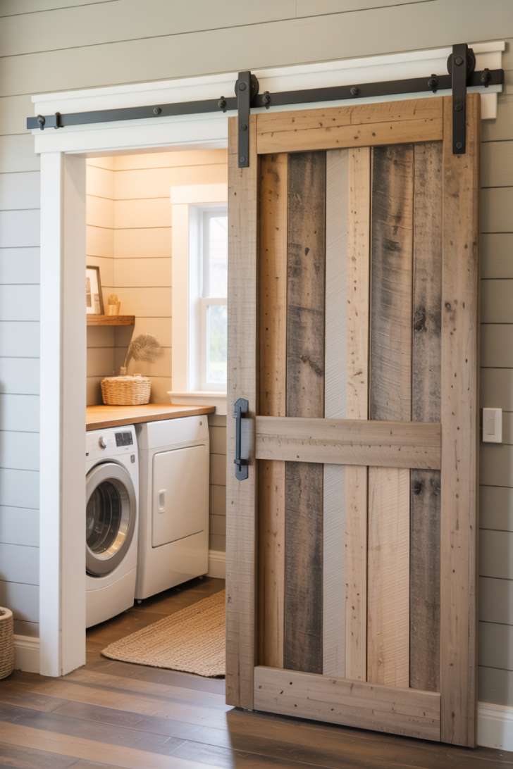 13 Gorgeous Rustic Laundry Room Ideas That Feel Like Home 2 Reclaimed wood sliding barn door on black iron track leading into a rustic white laundry room