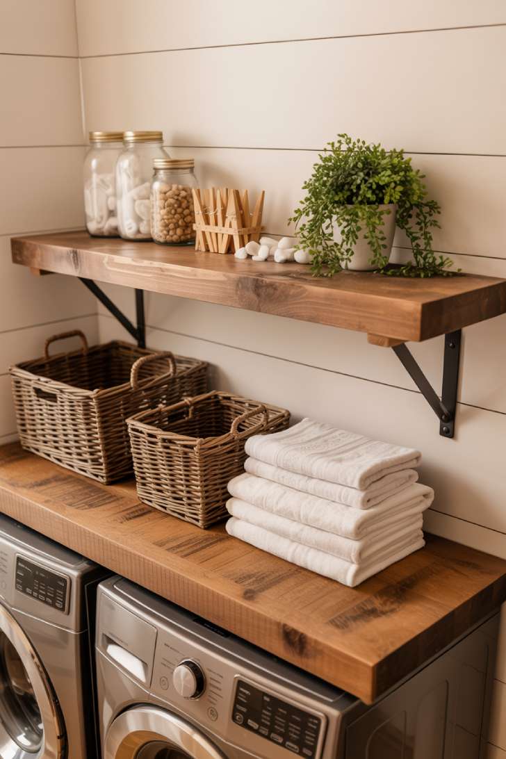 13 Gorgeous Rustic Laundry Room Ideas That Feel Like Home 3 Reclaimed wood floating shelves with mason jars and wicker baskets above washer and dryer
