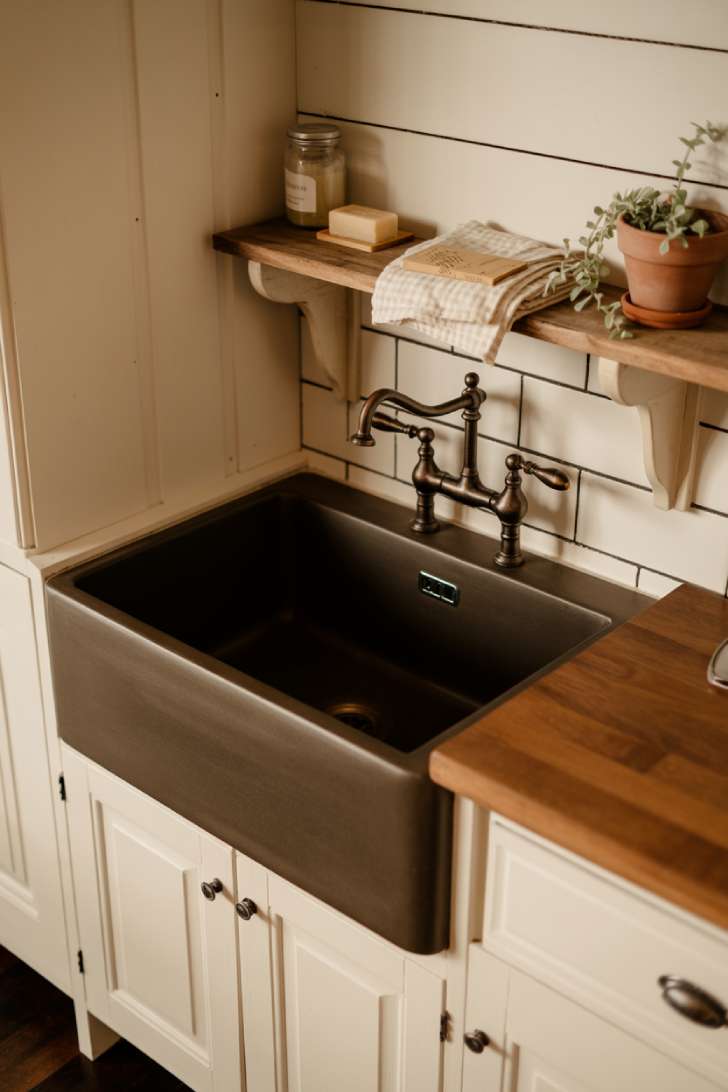 13 Gorgeous Rustic Laundry Room Ideas That Feel Like Home 4 Deep fireclay apron-front farmhouse sink with oil-rubbed bronze bridge faucet in a rustic laundry room