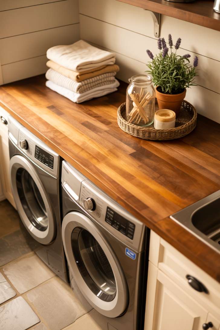 13 Gorgeous Rustic Laundry Room Ideas That Feel Like Home 5 Butcher block countertop over washer and dryer in a cozy rustic farmhouse laundry room