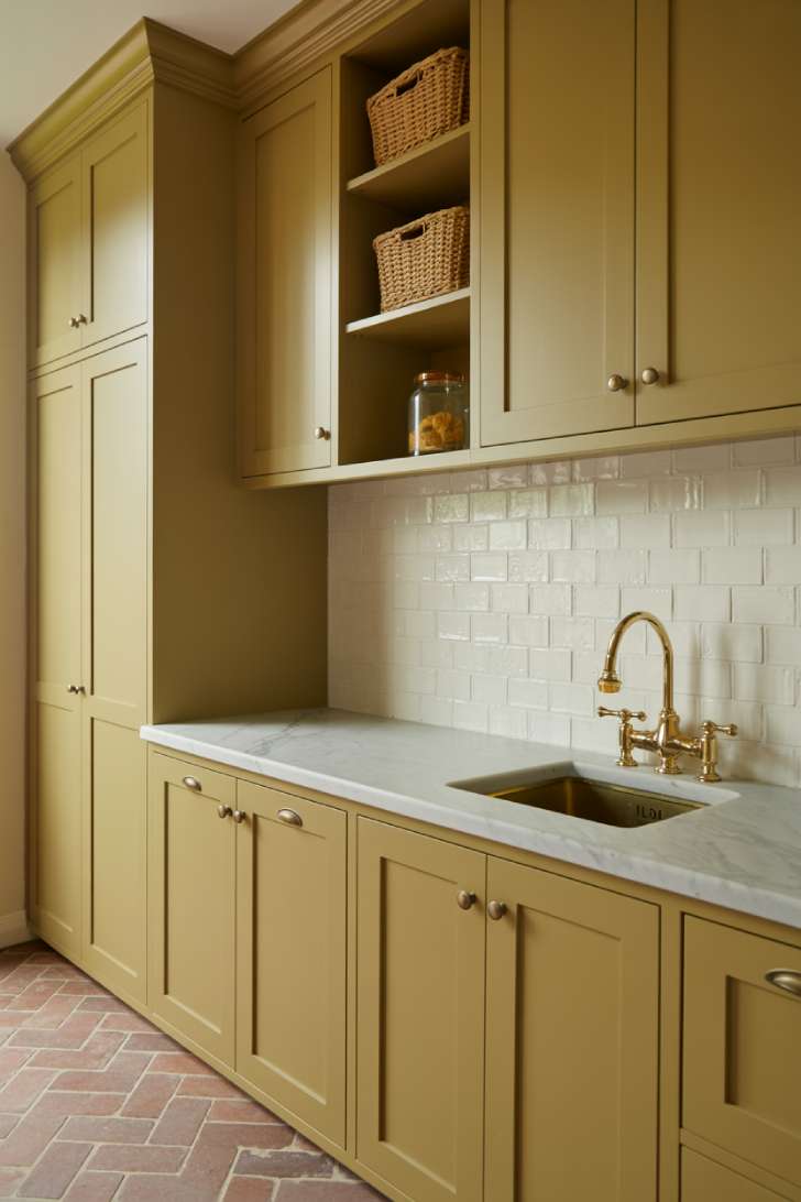 13 Gorgeous Rustic Laundry Room Ideas That Feel Like Home 7 Sage green shaker cabinets with antique brass hardware and terracotta herringbone floor in a rustic laundry room
