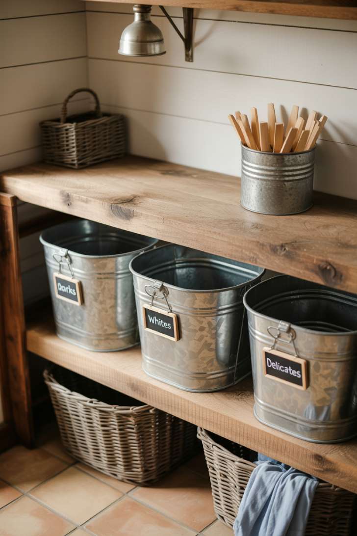 13 Gorgeous Rustic Laundry Room Ideas That Feel Like Home 8 Labeled galvanized metal laundry bins on reclaimed wood shelf against white shiplap wall