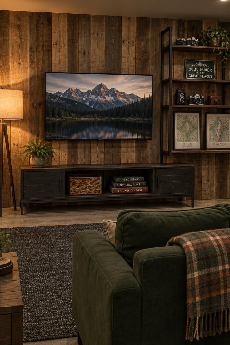 Basement media wall with vertical reclaimed wood planks, a centered television, blackened steel open shelves holding vintage cameras and framed maps, and a dark low console beneath.