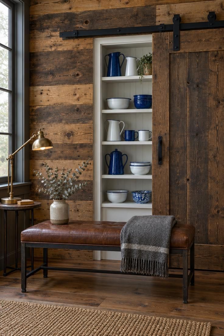 Horizontal barnwood wall with a black sliding door partly open over white shelves of blue and white enamelware, with a leather bench and brass lamp below.