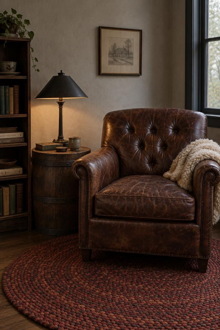 Corner with a worn brown leather club chair, a round barrel side table with a metal lamp, a faded red braided wool rug, and a pale plaster wall with one framed print.