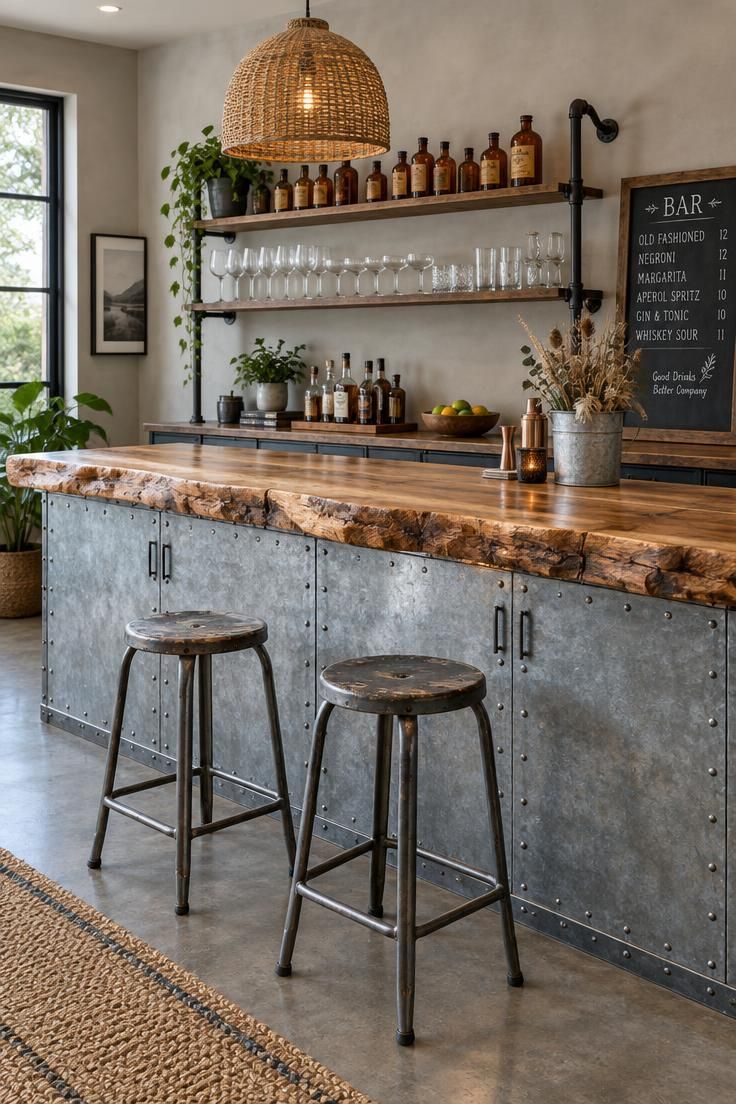 Home bar with a reclaimed wood slab top, galvanized steel cabinet base, pipe shelf above with glasses and old bottles, two metal stools, and a woven pendant light.