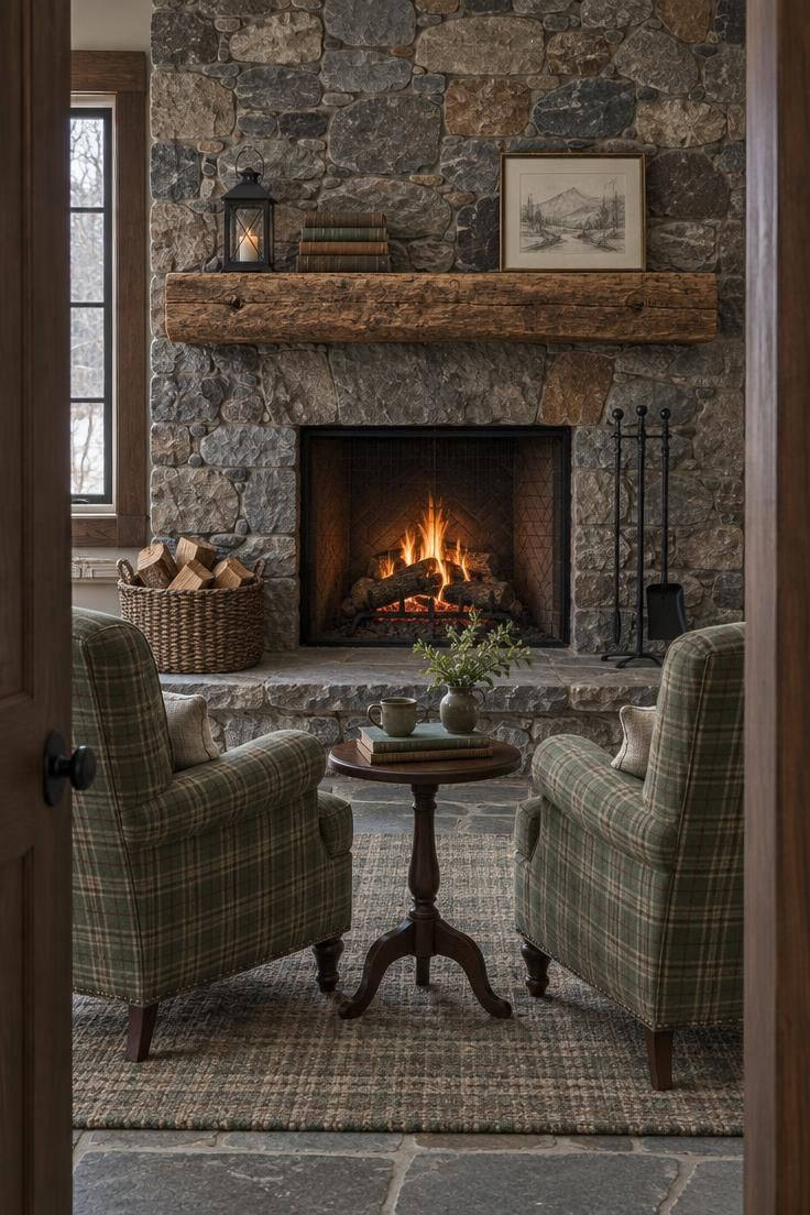 Stacked stone fireplace wall in gray and brown with a rough log mantel, iron tools to the side, and two plaid chairs flanking the hearth.