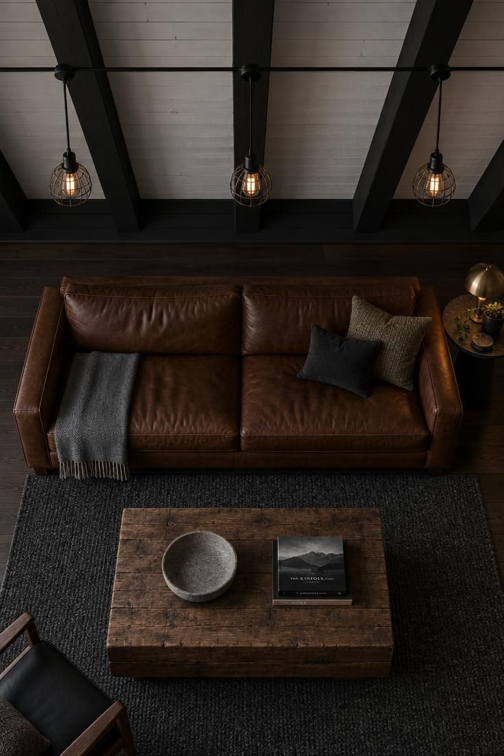 Overhead view of black painted ceiling joists against a white deck with three metal cage lights above a leather sofa and chunky wood coffee table.