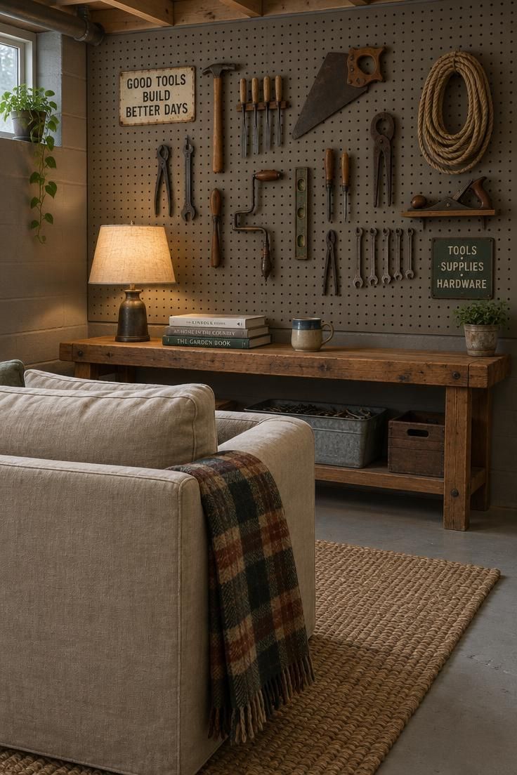 Basement lounge with warm gray pegboard holding old tools and signs, a low workbench side table with a lamp and books, and an oatmeal canvas sofa.