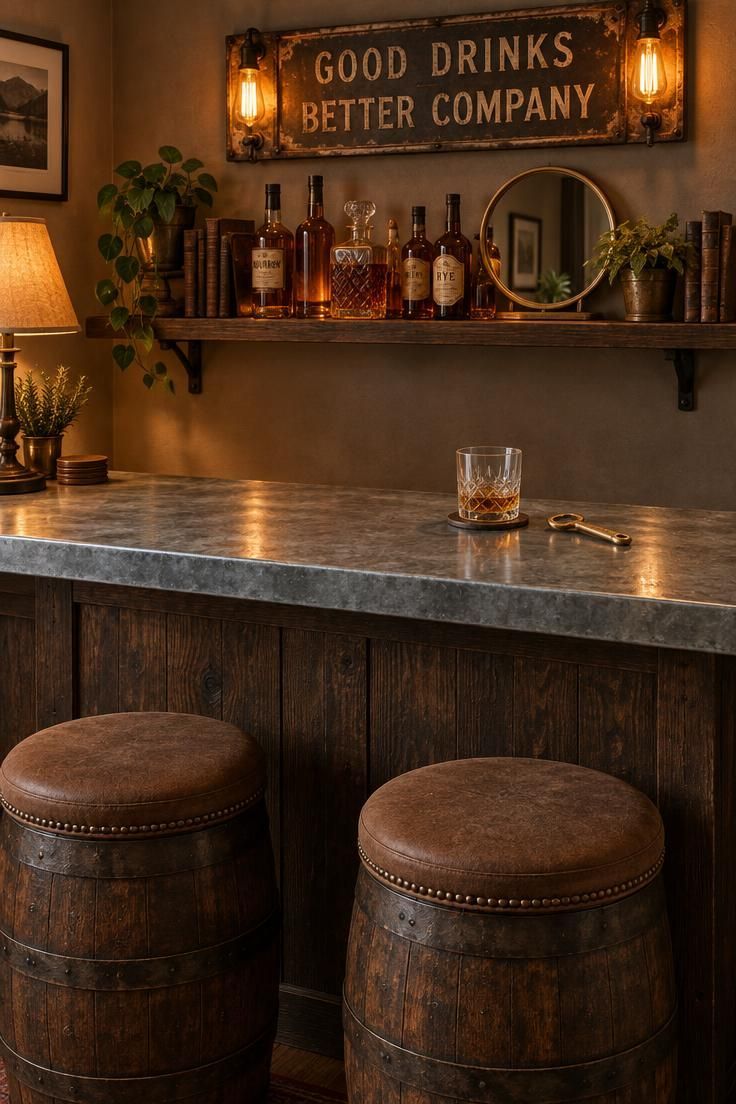 Compact home bar with a dark wood front, zinc counter, two barrel stools, and a back shelf with amber bottles, a round mirror, and a metal sign lit by Edison bulbs.