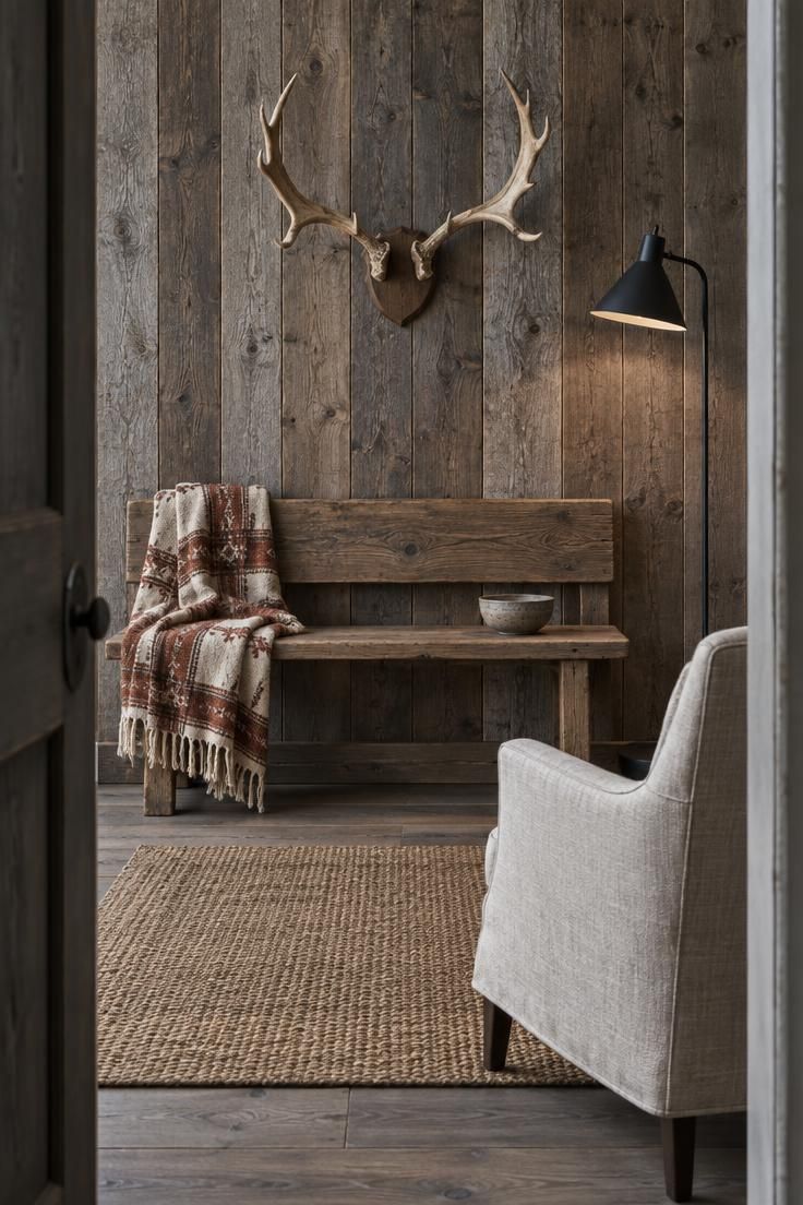 Weathered gray plank wall with mounted antlers above a wood bench, a cream and rust woven blanket over one end, and a jute rug below.