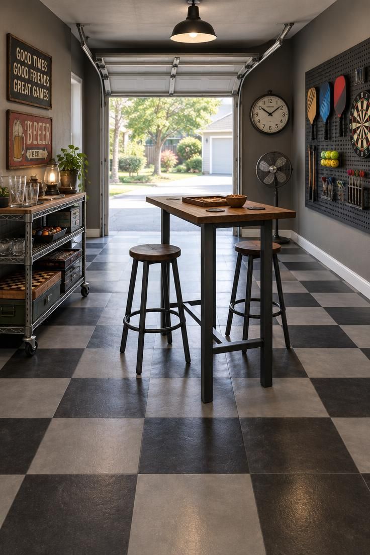 Garage game room with a black and gray checkerboard painted concrete floor, a rolling metal cart with game pieces, a high-top wood table with two stools, and a pegboard on the side wall.
