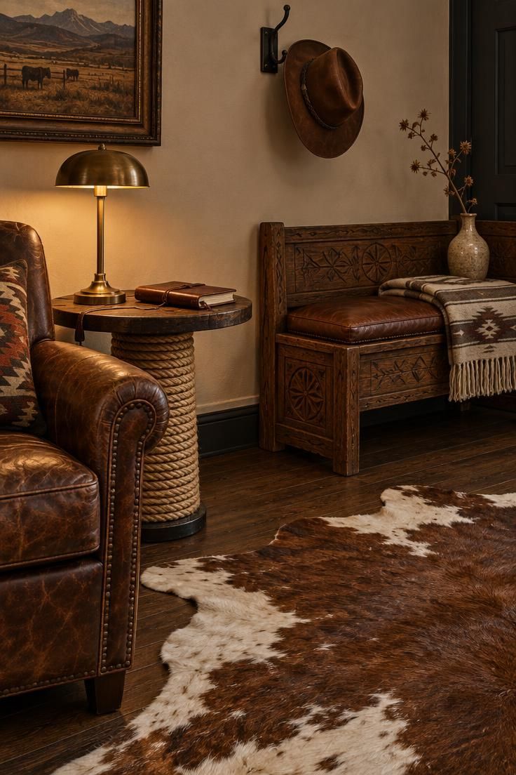 Ranch corner with a natural cowhide rug, a rope-wrapped side table, a wide-brim leather hat on a wall hook, and a carved wood bench with a leather cushion.