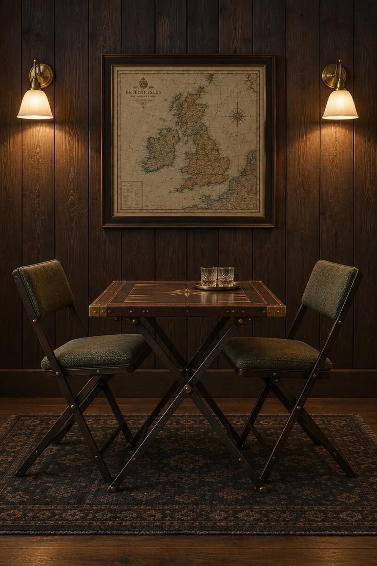 Wall of dark vertical timber planks with two brass wall lamps, a framed vintage map between them, and a folding game table with two chairs in front.