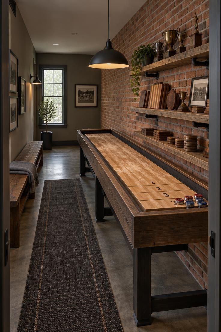 Exposed red brick wall with black pipe shelving holding wooden boards and vintage trophies, a shuffleboard table in front, and a long wood bench against the opposite wall.