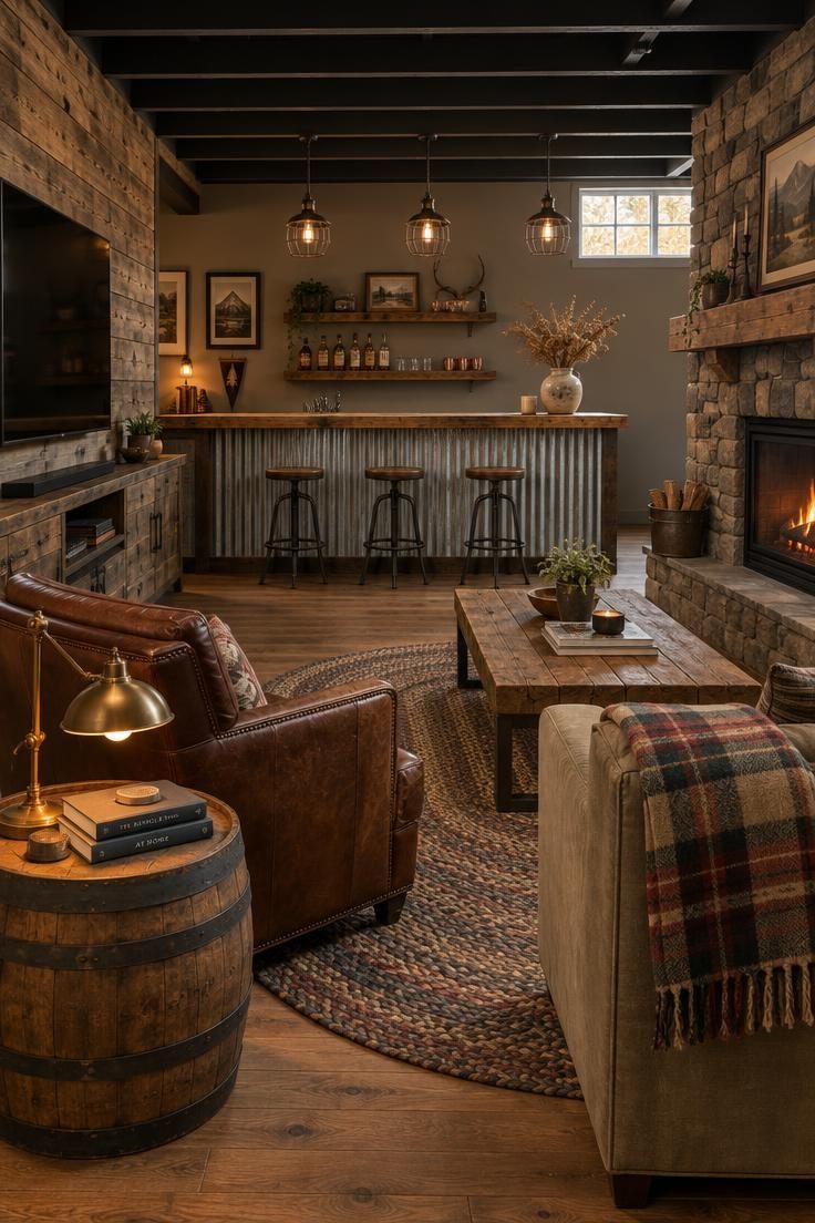 Simple Spaces 16 Warm rustic man cave combining a reclaimed timber media wall, a leather club chair with a barrel table, a galvanized and wood bar, a stone fireplace, and exposed black ceiling joists with cage lights.