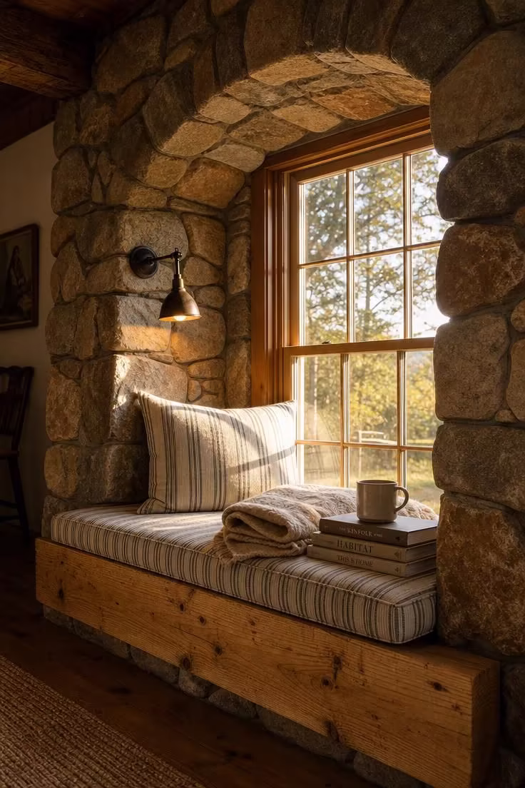 11 Warm Rustic Reading Nook Ideas for Quiet Evenings 1 A rough-sawn pine window bench set inside a fieldstone archway with a ticking-stripe cushion and warm sconce lighting