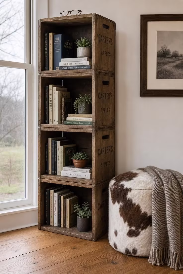 11 Warm Rustic Reading Nook Ideas for Quiet Evenings 2 Stacked barnwood apple crates used as a book tower next to a cowhide ottoman in a rustic living room with cool window light