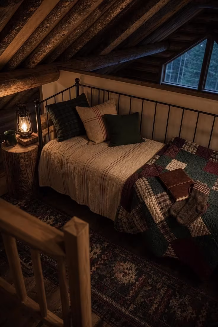 11 Warm Rustic Reading Nook Ideas for Quiet Evenings 3 A wrought-iron daybed with grain sack mattress and patchwork quilt in a log cabin loft with exposed rafters and hurricane lantern
