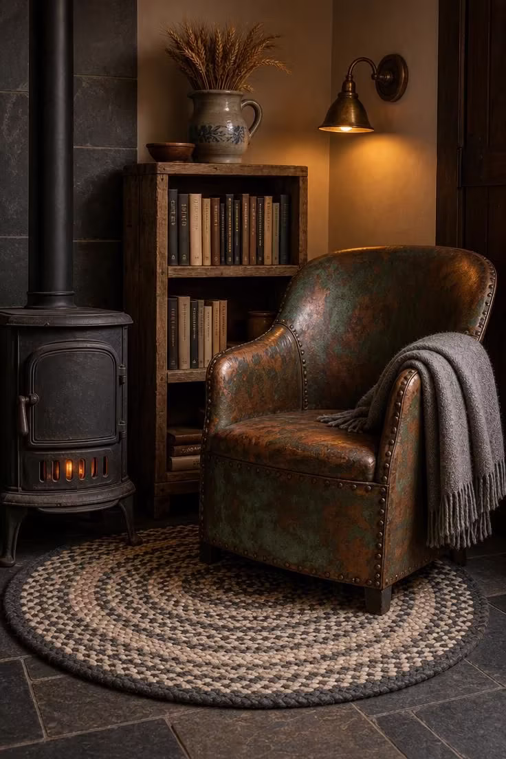 11 Warm Rustic Reading Nook Ideas for Quiet Evenings 4 A patinated copper tub chair on a braided wool rug beside a cast-iron woodstove with a small reclaimed wood bookshelf nearby