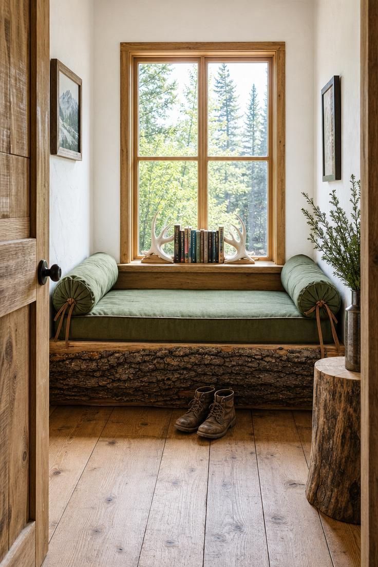 11 Warm Rustic Reading Nook Ideas for Quiet Evenings 5 A hand-hewn log window seat with moss green canvas cushions and antler bookends on the sill in bright midday light