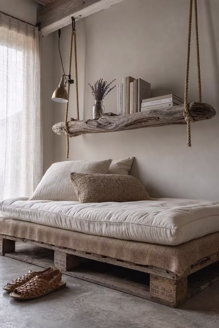 11 Warm Rustic Reading Nook Ideas for Quiet Evenings 6 A driftwood shelf suspended by manila rope above a burlap-wrapped floor pallet with a cotton mattress pad in soft diffused light
