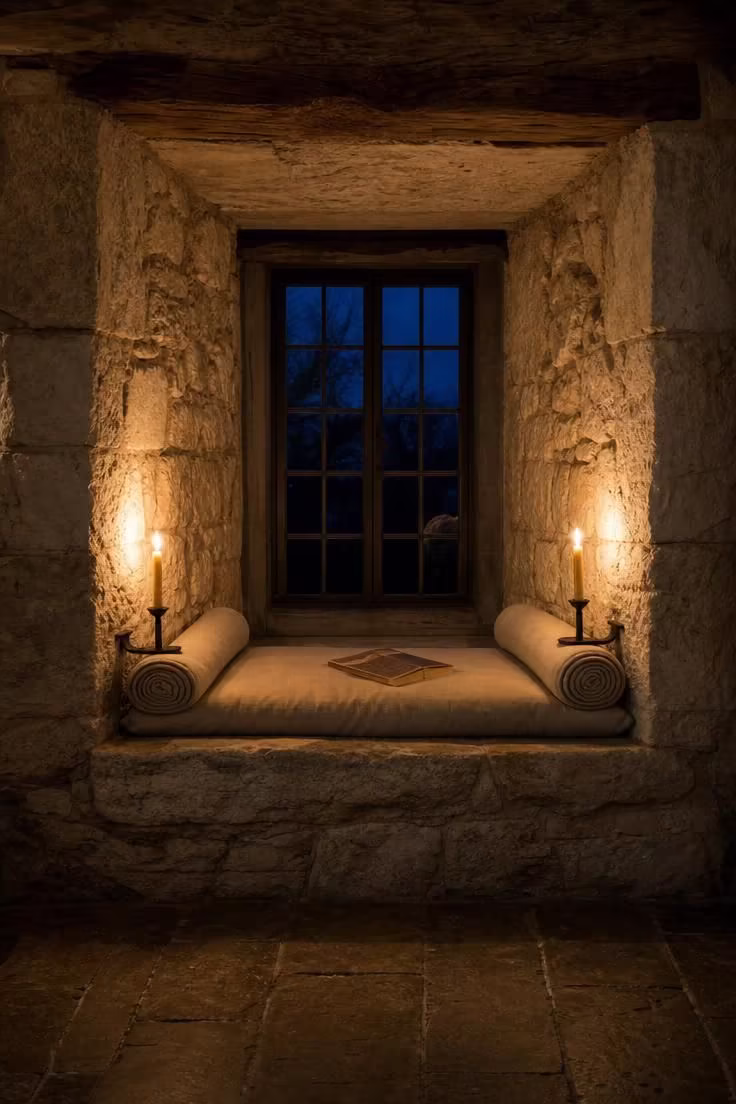11 Warm Rustic Reading Nook Ideas for Quiet Evenings 7 A deep stone cottage windowsill with a linen roll pillow and beeswax candles in iron holders against an evening sky