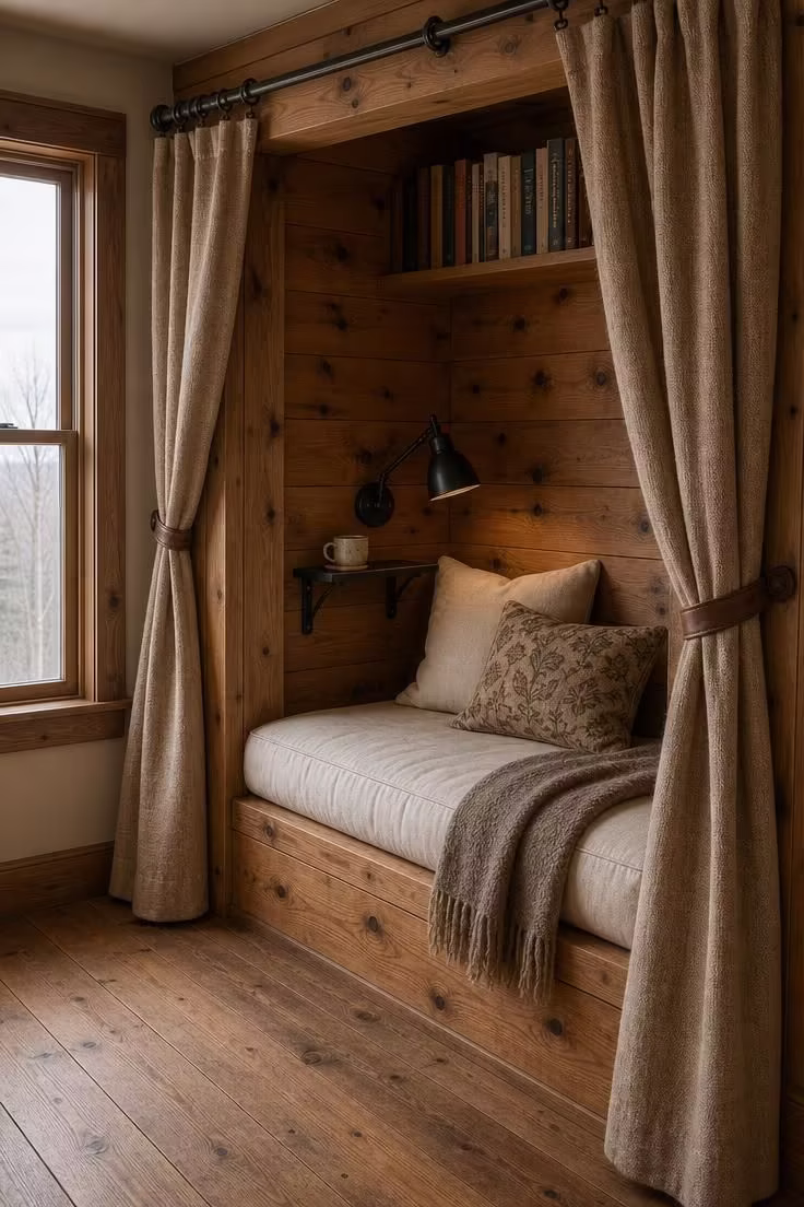 11 Warm Rustic Reading Nook Ideas for Quiet Evenings 8 A knotty alder built-in reading alcove with burlap curtain panels on a wrought-iron rod and a feather cushion inside