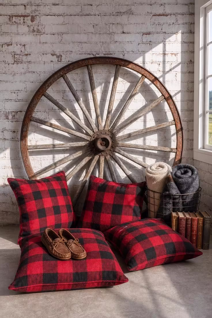 11 Warm Rustic Reading Nook Ideas for Quiet Evenings 9 An antique wagon wheel leaned against whitewashed brick above buffalo check flannel floor pillows with a wire basket of blankets