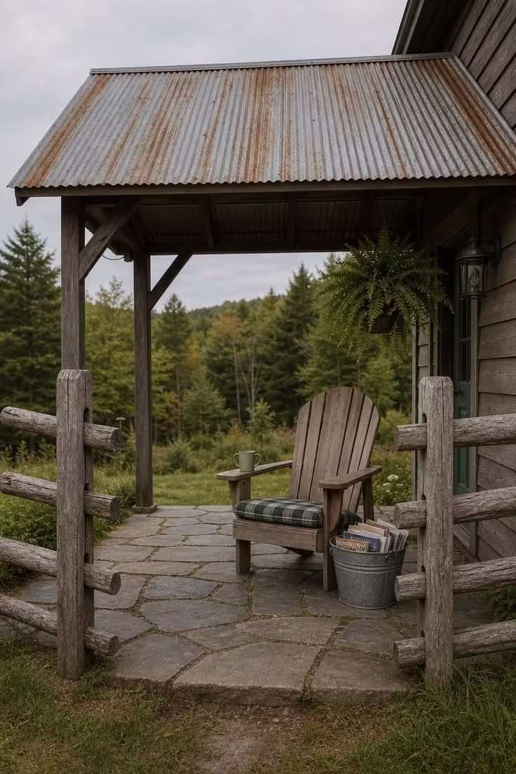 11 Warm Rustic Reading Nook Ideas for Quiet Evenings 10 A split-rail fence framing a covered porch reading corner with an Adirondack chair under a corrugated tin awning in diffused light