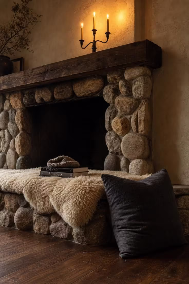 11 Warm Rustic Reading Nook Ideas for Quiet Evenings 11 A river-rock hearth ledge with sheepskin throw and iron candelabra on the mantel casting warm golden light