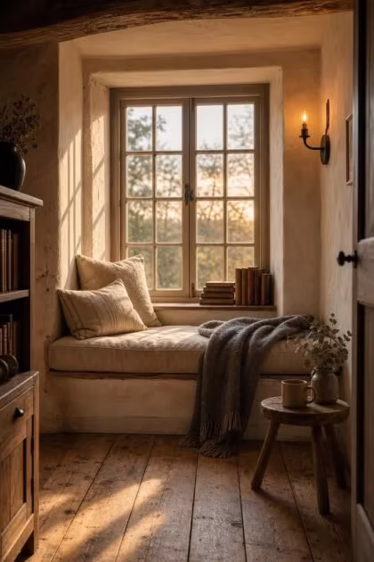 11 Warm Rustic Reading Nook Ideas for Quiet Evenings A cozy rustic reading nook window seat with linen cushion, wool throw, and leather-bound books in warm golden evening light
