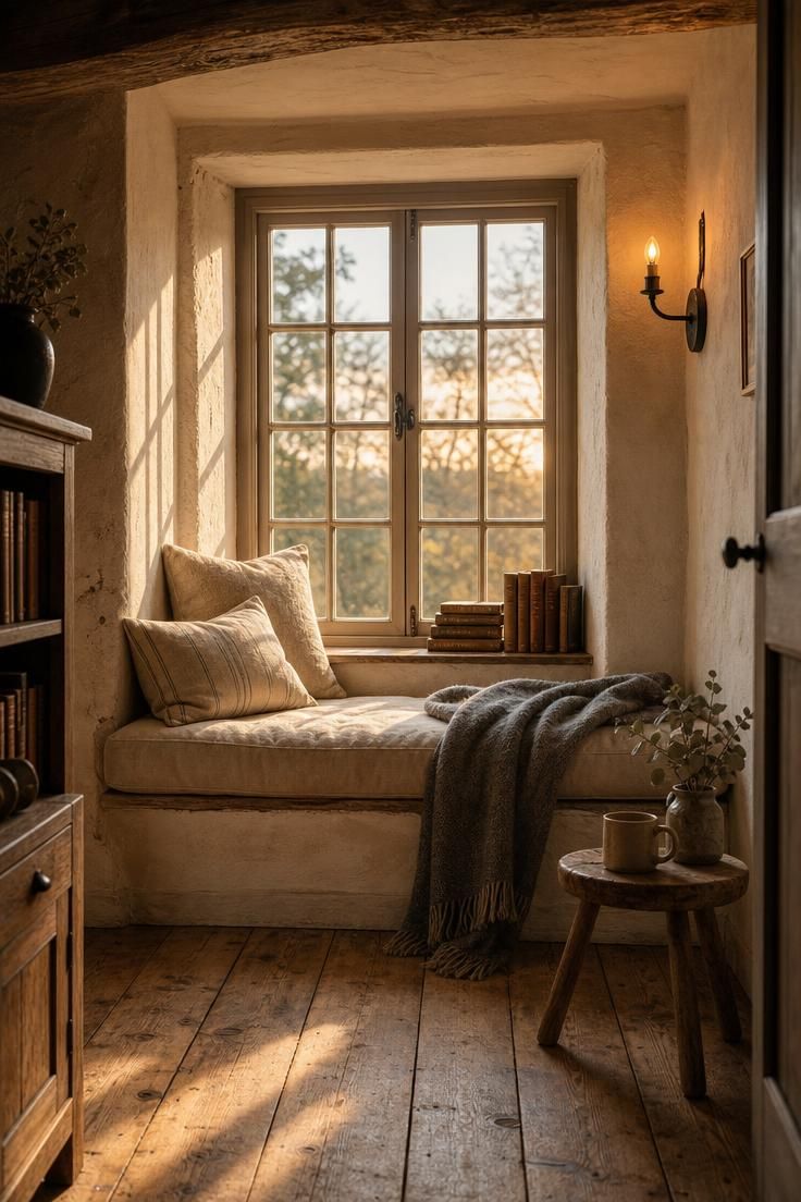 Simple Spaces 16 A cozy rustic reading nook window seat with linen cushion, wool throw, and leather-bound books in warm golden evening light