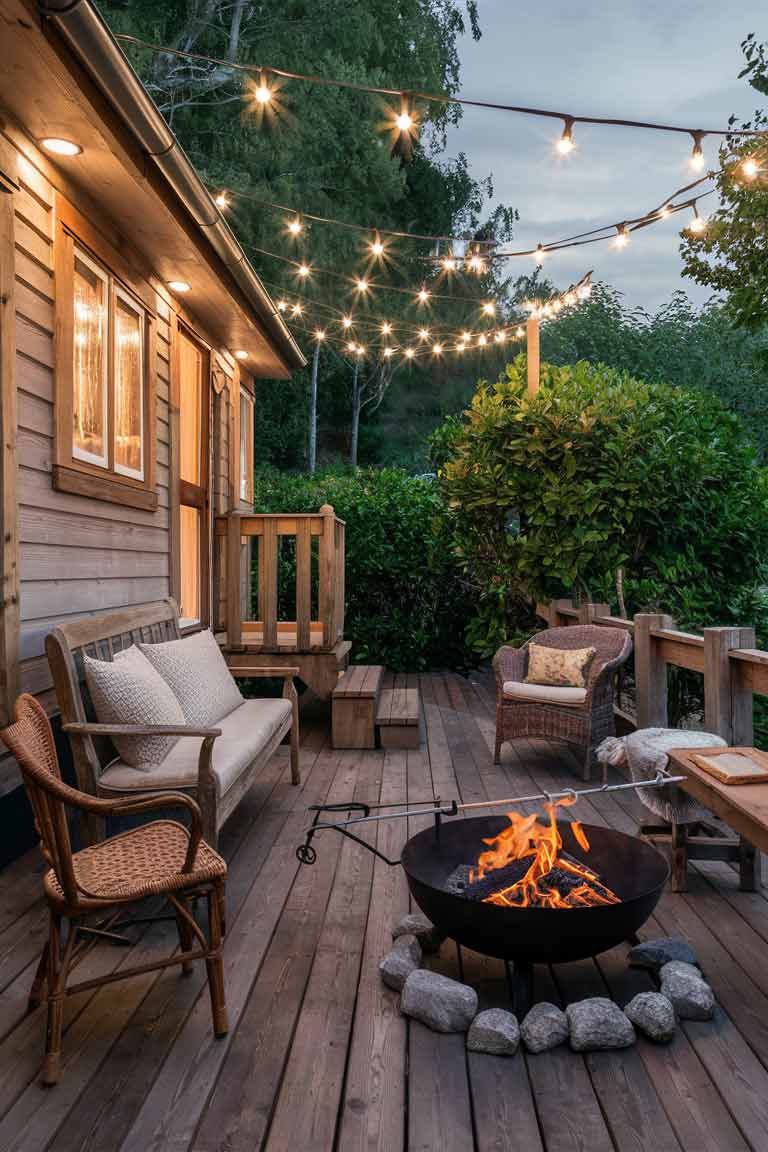 A rustic tiny house exterior showing a wooden deck. It includes some rustic wooden outdoor furniture, a fire pit, and string lights hanging overhead. The surrounding area should show trees or nature to emphasize the outdoor setting.