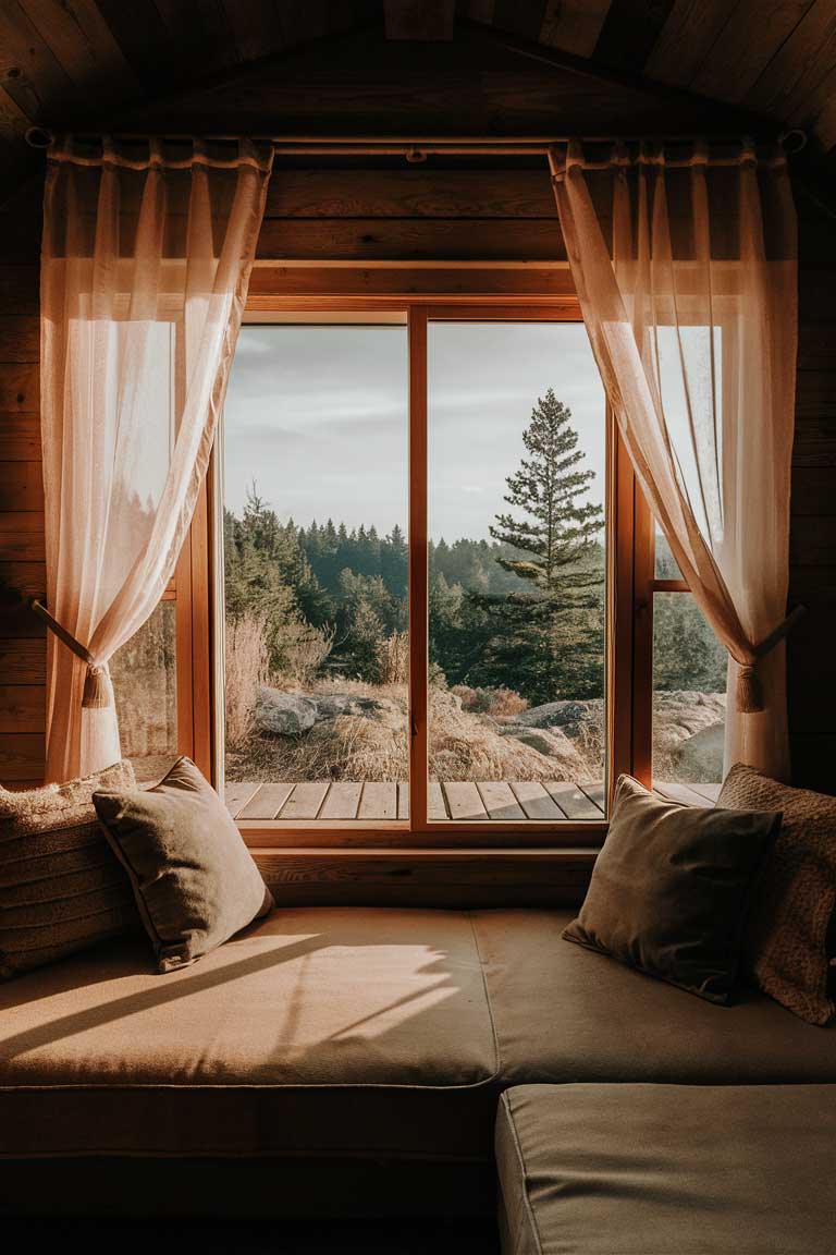 A rustic tiny living room with a large picture window overlooking a forested area. The room is filled with warm, natural light that highlights the wooden surfaces and cozy textures. Sheer curtains frame the window, softening the light and adding a touch of privacy.