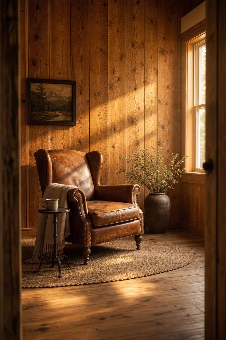 13 Charming Rustic Wall Decor Ideas With Natural Warmth 1 Rough-sawn cedar plank accent wall behind a cognac leather wingback chair in warm golden afternoon light