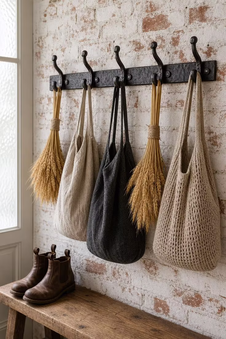 13 Charming Rustic Wall Decor Ideas With Natural Warmth 2 Forged iron coat hook rail with dried wheat bundles and linen bags on a whitewashed brick wall in soft diffused light