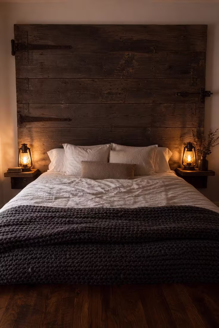 13 Charming Rustic Wall Decor Ideas With Natural Warmth 3 Salvaged tobacco barn door mounted as a headboard panel behind white linen bedding in moody low amber light