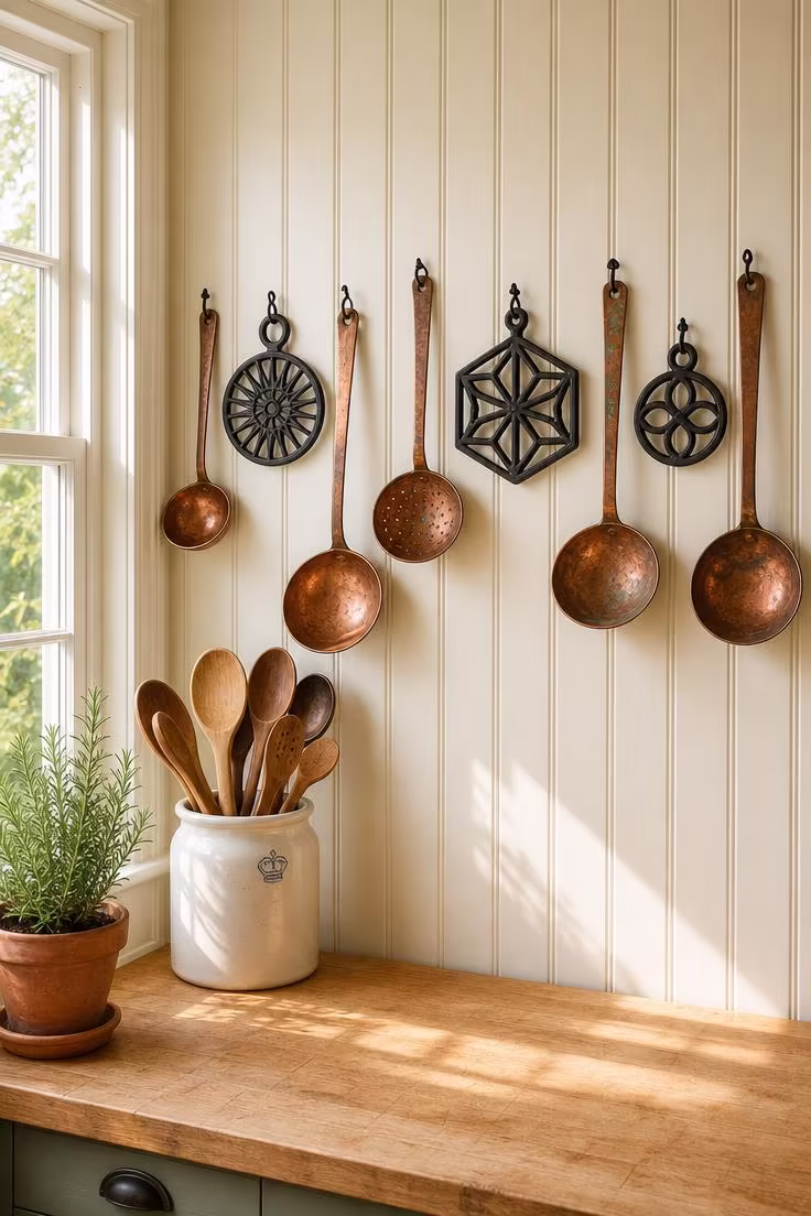 13 Charming Rustic Wall Decor Ideas With Natural Warmth 4 Copper ladles and cast iron trivets hung on cream beadboard kitchen wall in bright midday light