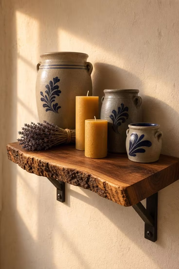 13 Charming Rustic Wall Decor Ideas With Natural Warmth 5 Live-edge walnut shelf with stoneware crocks and beeswax candles in warm golden light against white plaster