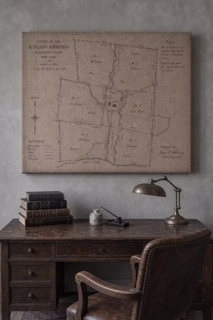 13 Charming Rustic Wall Decor Ideas With Natural Warmth 6 Burlap-wrapped canvas with faded sepia farmstead map on gray plaster wall in cool overcast light