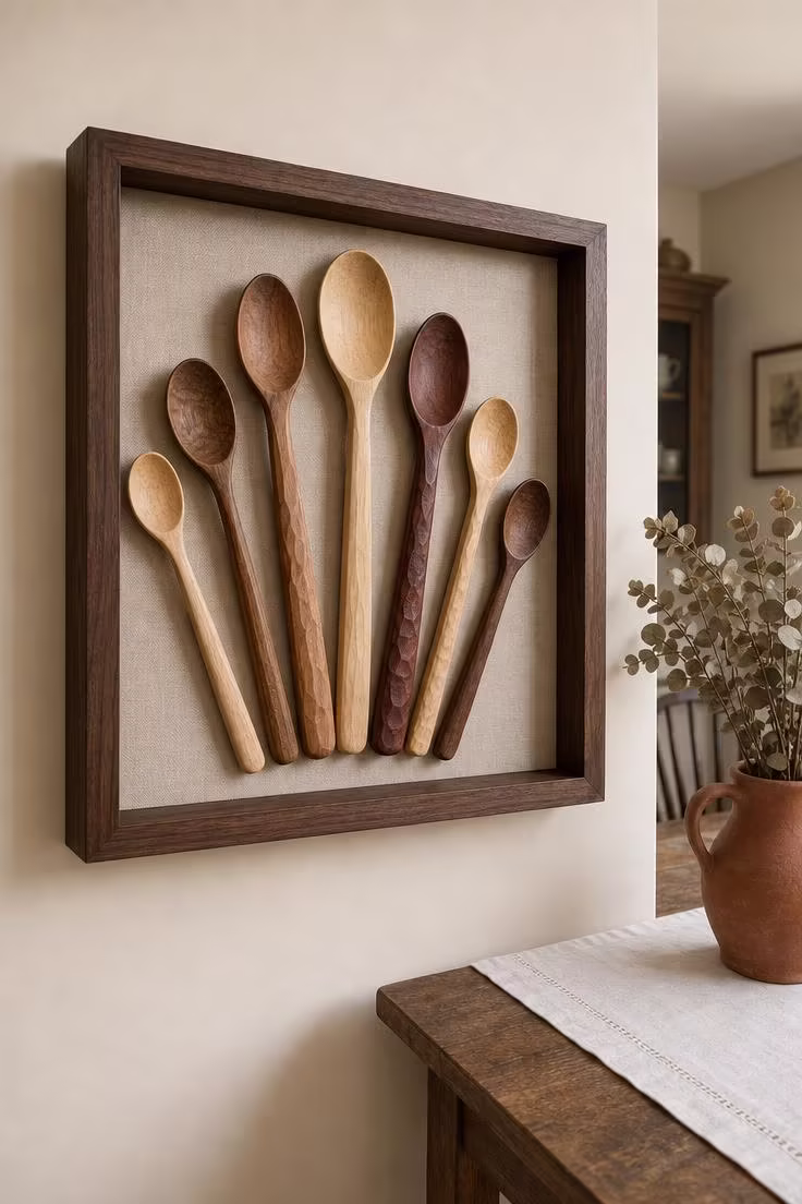 13 Charming Rustic Wall Decor Ideas With Natural Warmth 7 Seven hand-whittled wooden spoons in a walnut shadow box frame on cream wall with soft diffused light