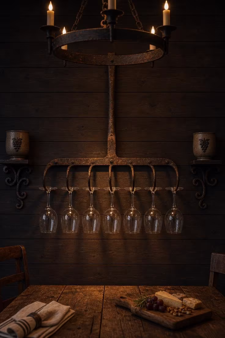 13 Charming Rustic Wall Decor Ideas With Natural Warmth 8 Antique iron hay rake head repurposed as wine glass holder on dark shiplap wall in moody low candlelight